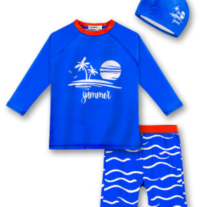 Toddler Bathing Suit Boy 3-Pieces Swimsuit Set Big Boy Swimwear with Hat UPF 50+ Rash Guards