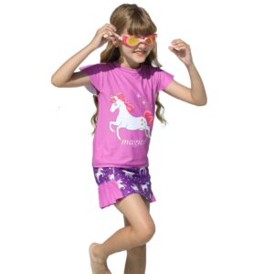 Little Girls Two Pieces Swimsuit Rash Guard Set Beach Skirt Swimwear Buitl-in Short