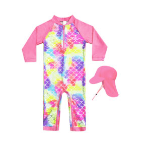 Baby Girl Swimsuit Toddler Rashguard With Hat UPF 50+ Infant Bathing Suit Crotch Zipper Easy Diapper Change